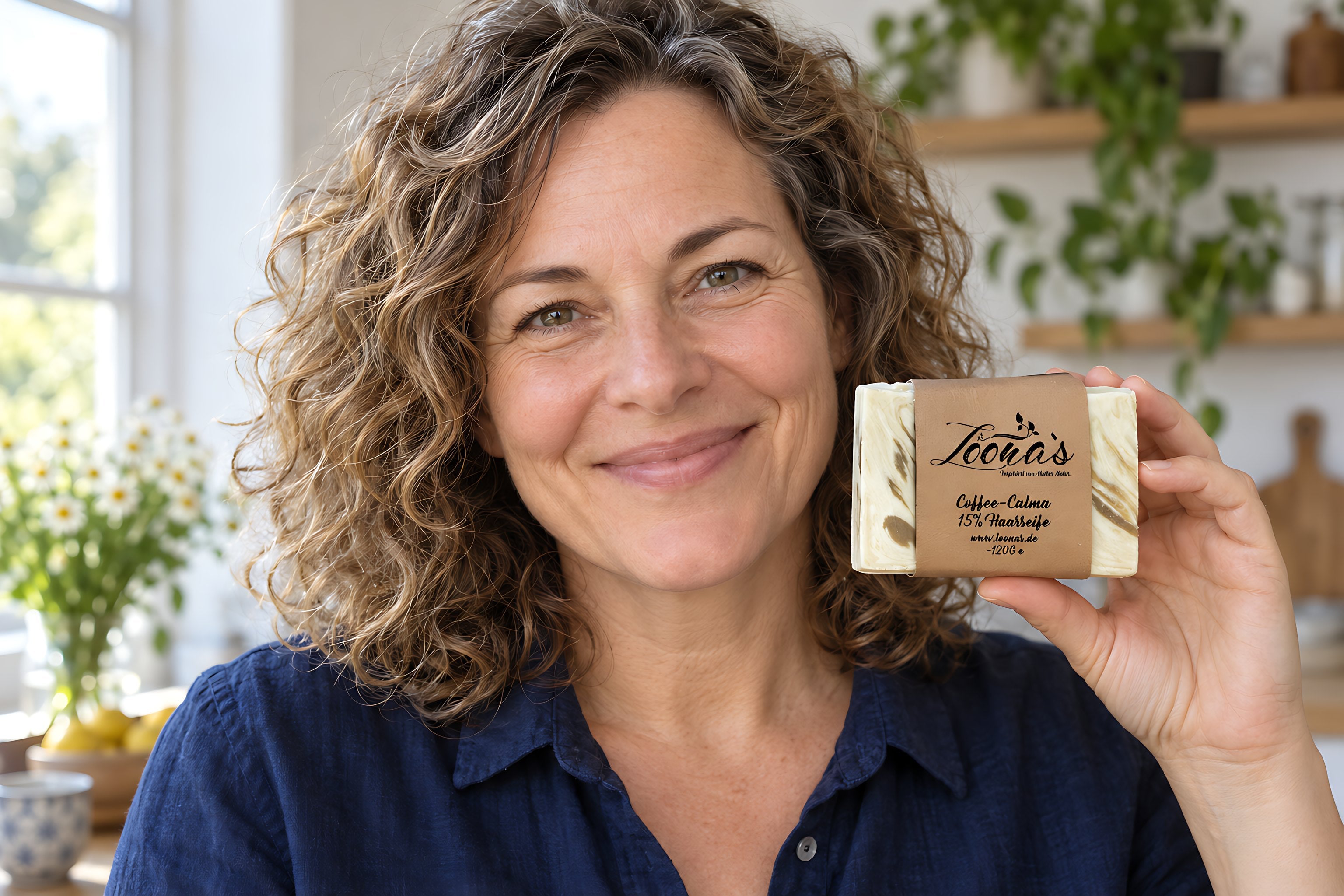 Nachher: lächelnde Frau um die 45 mit glänzenden Locken hält Loona's Coffee-Calma 15% Haarseife