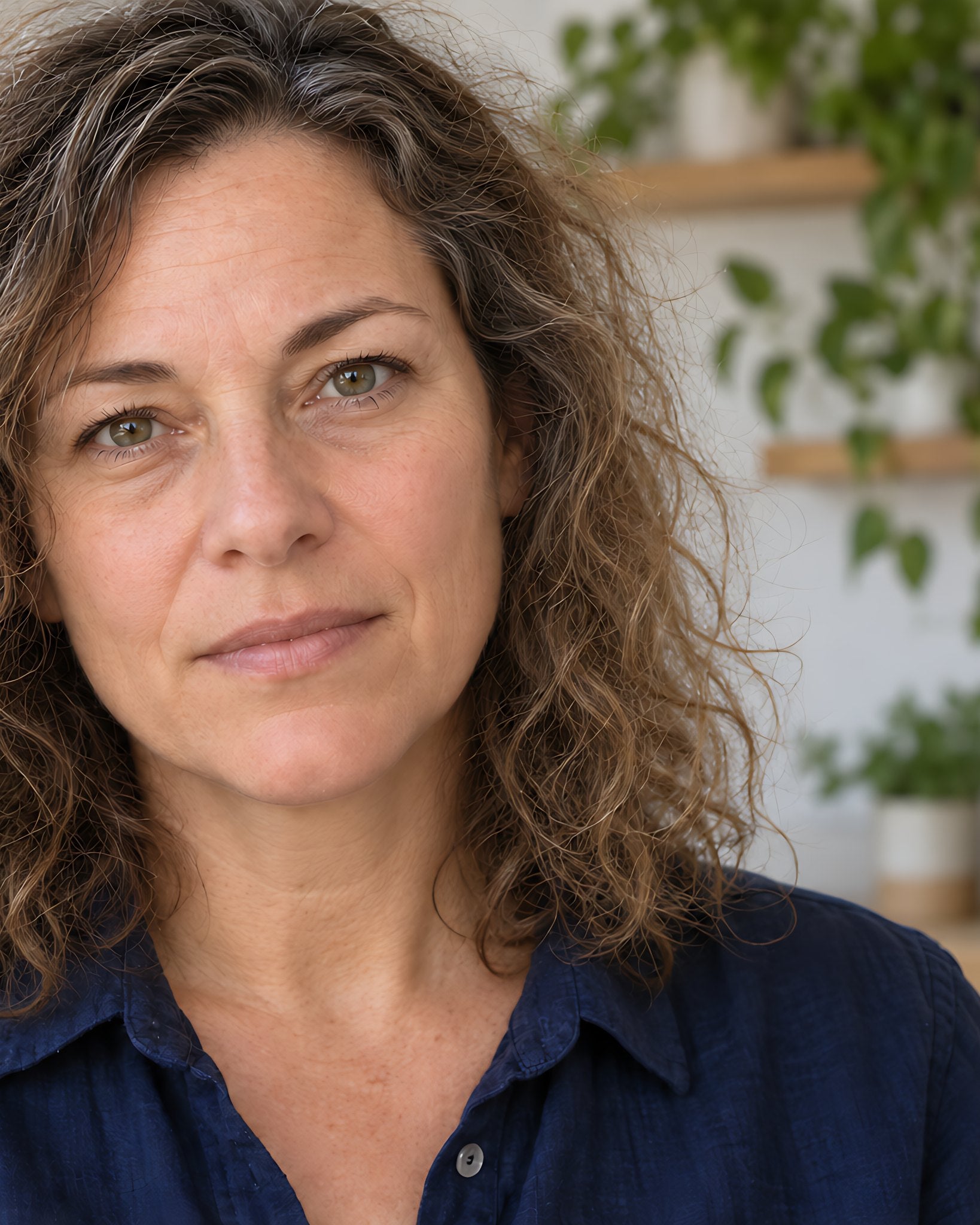 Vorher (Handy): Frau um die 45 mit stumpfem, undefiniertem Lockenhaar in der hellen Küche