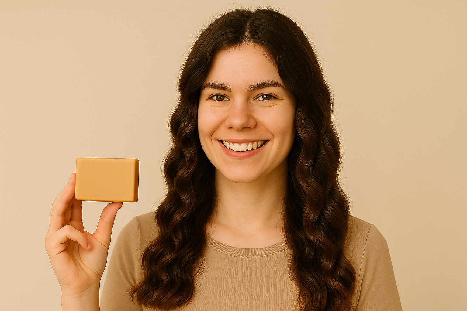 Lachende junge Frau mit braunen Locken hält ein Stück Naturseife
