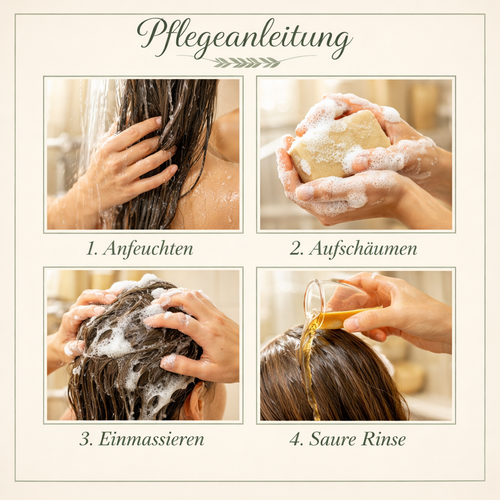 Anwendung Loonas Haarseife — Schritt fuer Schritt: Anfeuchten, Aufschaeumen, Einmassieren, Saure Rinse