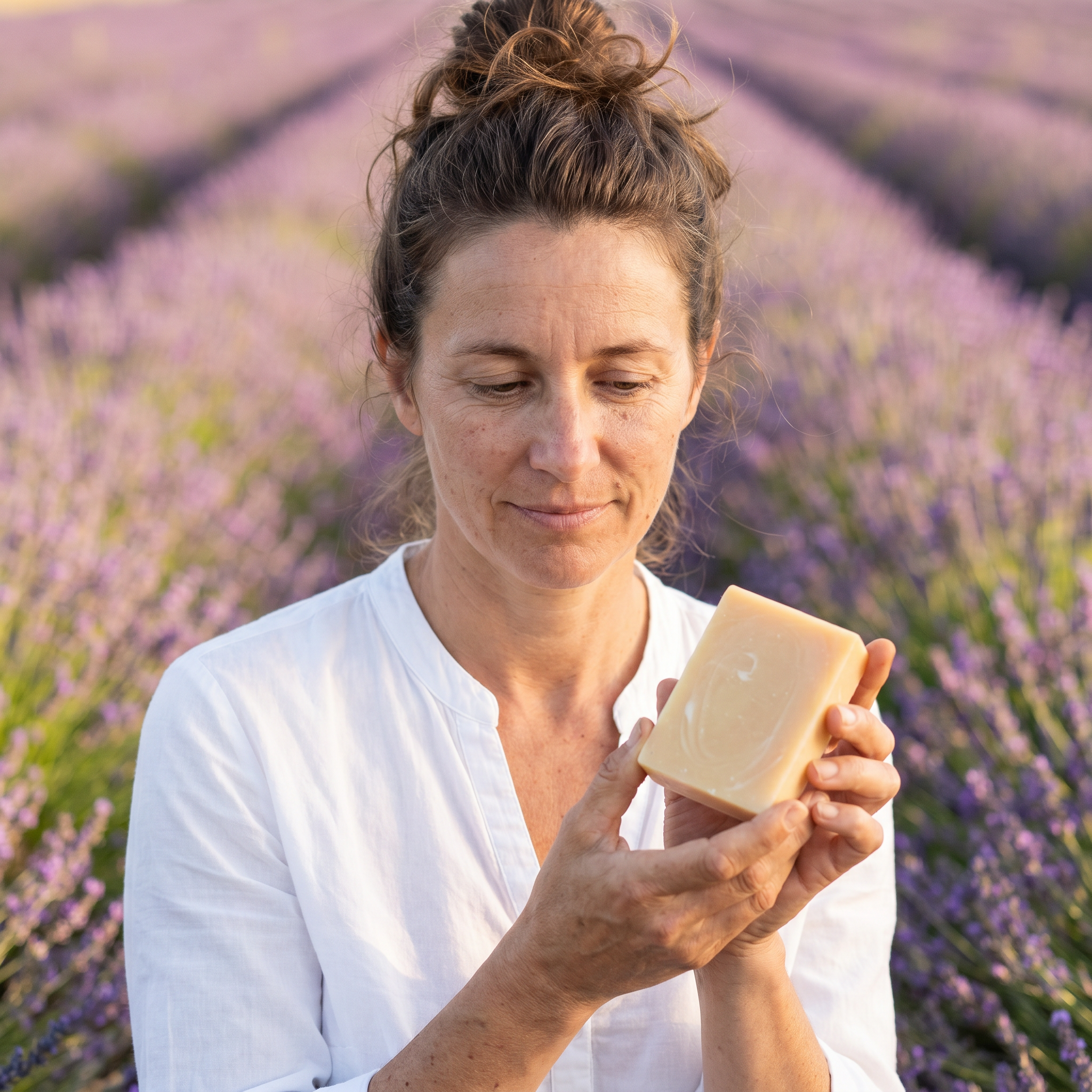 Loonas Camilla-Calma Haarseife mit Lavendel und Kamille im Provence-Lavendelfeld — beruhigende Naturseife
