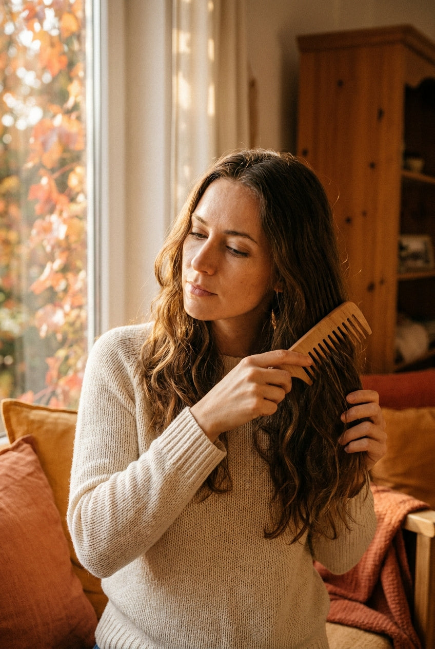 Frau im Herbst kämmt sich sanft die Haare, warmes natürliches Licht