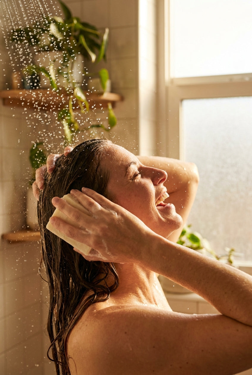 Frau wäscht ihre Haare mit einem Stück Haarseife unter der Dusche, natürliches Licht