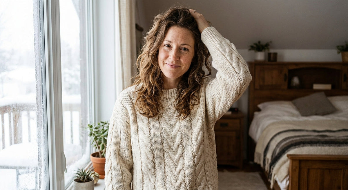 Frau in cremefarbenem Strickpullover fährt sich am Fenster im Winterlicht durch die Haare