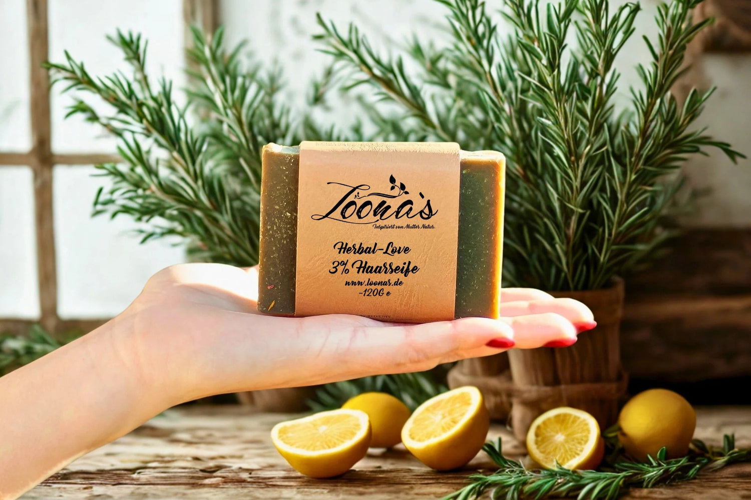 Herbal Love Haarseife aus Naturseife in der Hand – sanfte Reinigung für schnell fettendes Haar