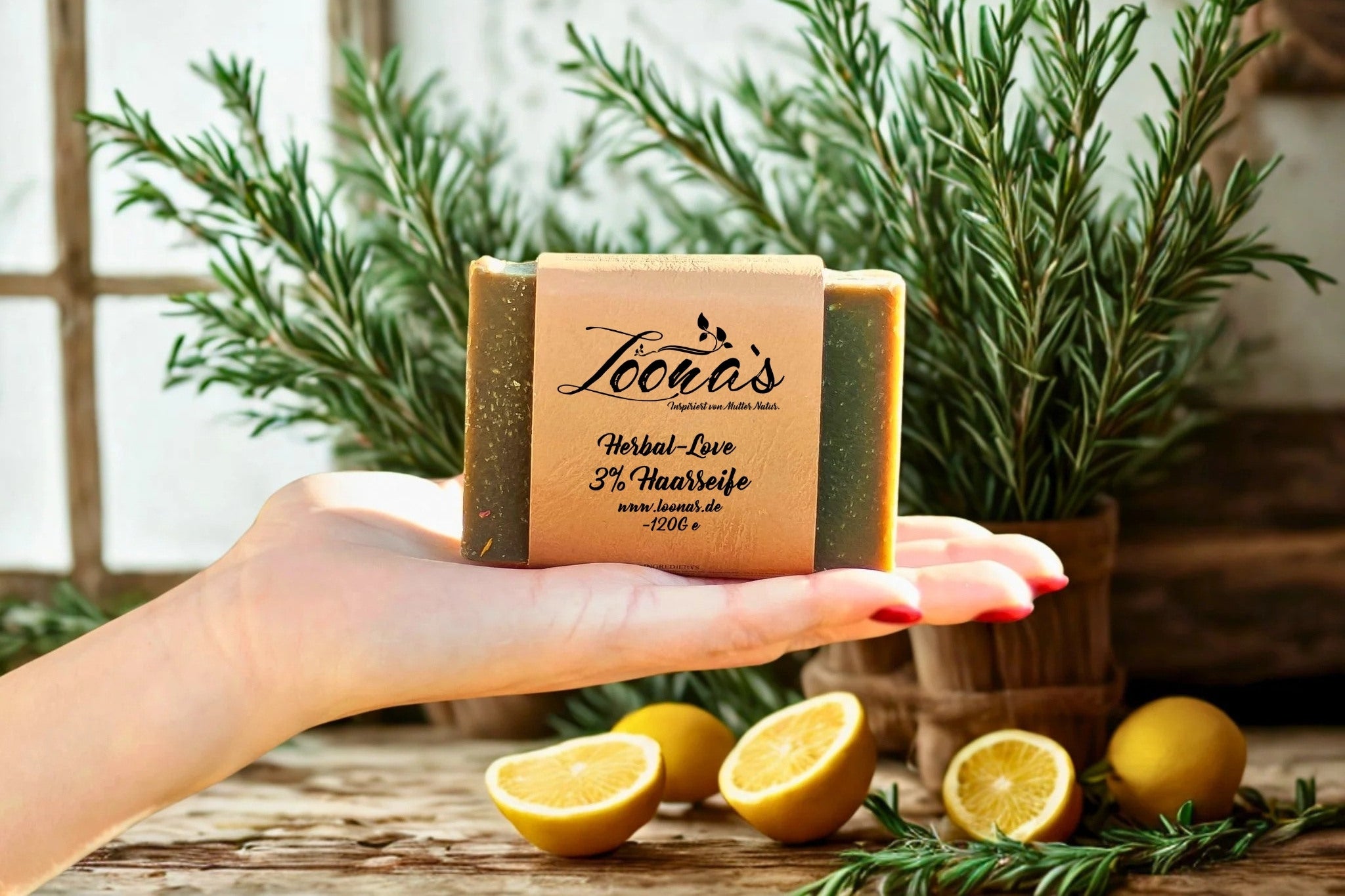 Herbal Love Haarseife aus Naturseife in der Hand – sanfte Reinigung für schnell fettendes Haar