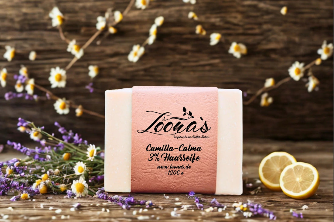 Camilla Calma Haarseife mit 3 % Überfettung – beruhigende Naturseife mit Lavendel und Kamille für sensible Kopfhaut