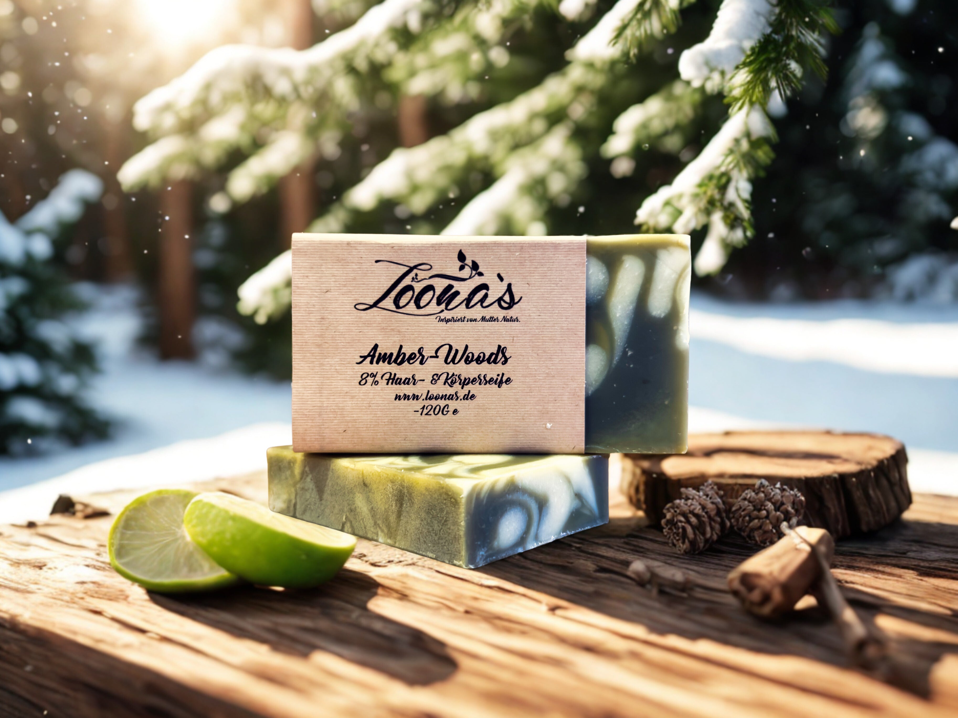 Haarseife auf Holztisch mit Tanne
