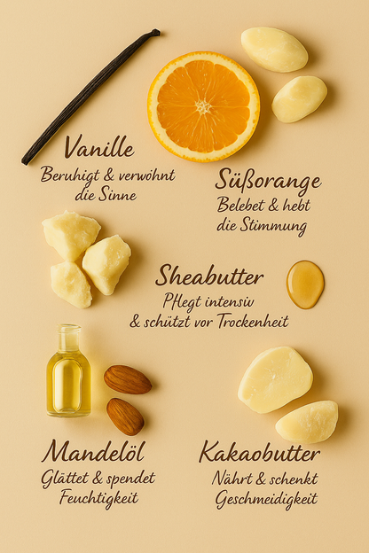 Bodybutter mit Vanille, Kakaobutter, Orange und Sheabutter