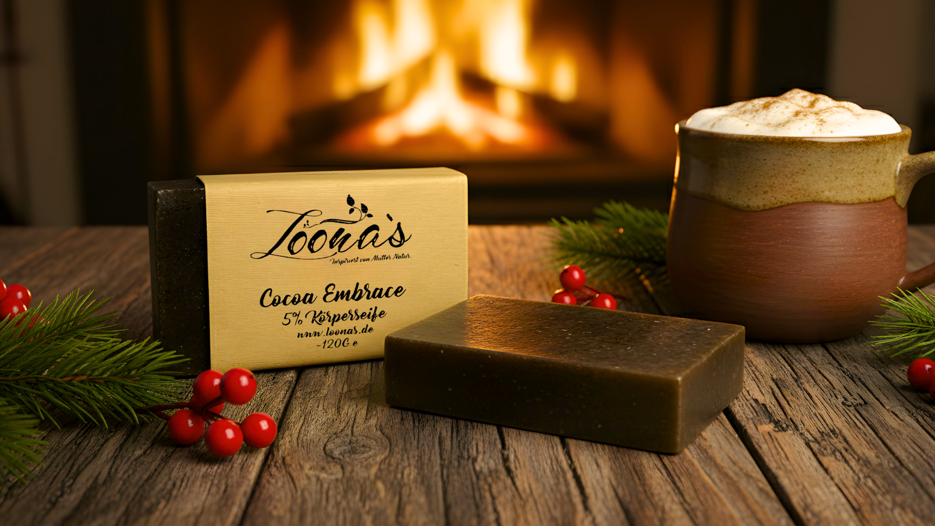 Duftende Körperseife vor Kamin mit Kakao