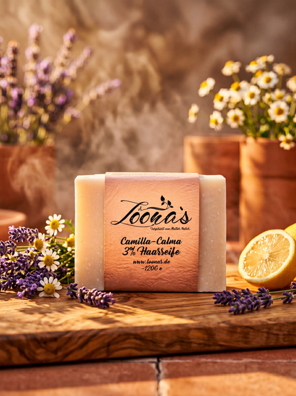 Loonas Camilla-Calma Haarseife 3-6% – Naturseife mit Lavendel &amp; Kamille für sensible Kopfhaut