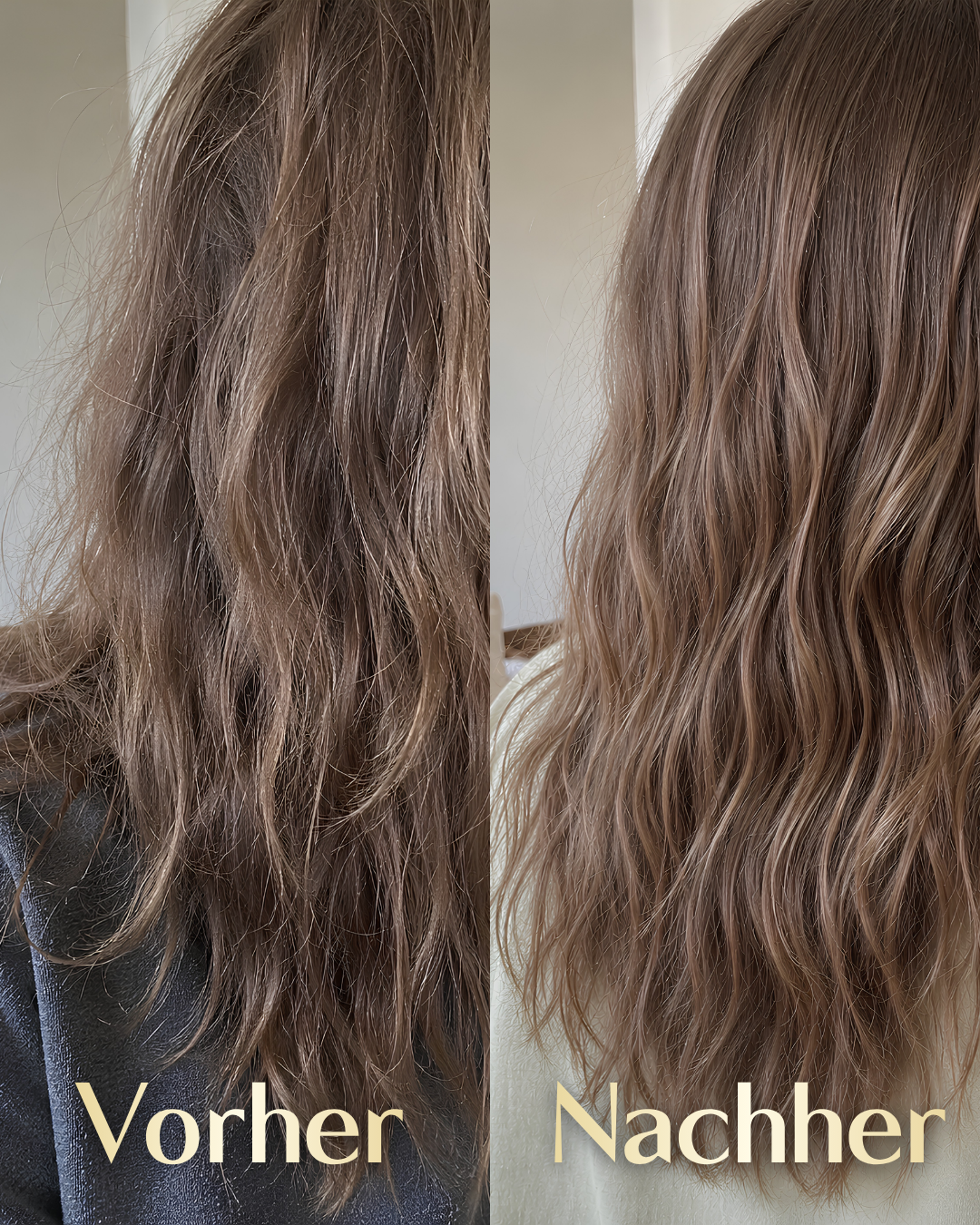 Vorher-Nachher-Vergleich: Haar vor und nach der Anwendung des Root &amp; Shine Hair Elixir – weniger Frizz, mehr Glanz