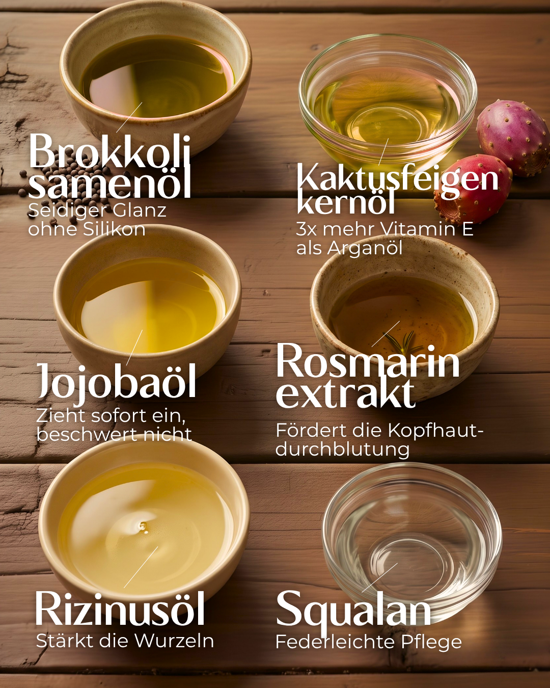 Inhaltsstoffe des Root &amp; Shine Hair Elixir – Brokkolisamenöl, Jojobaöl, Squalan, Kaktusfeigenkernöl und Rizinusöl