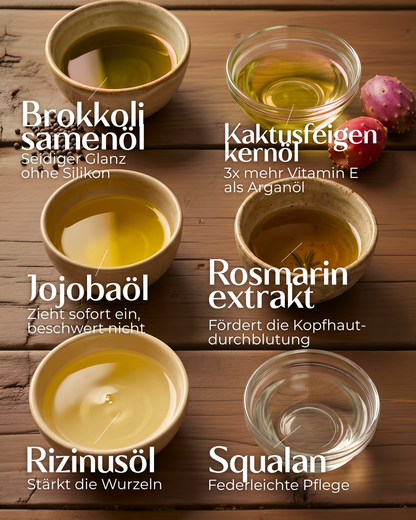 Inhaltsstoffe des Root &amp; Shine Hair Elixir – Brokkolisamenöl, Jojobaöl, Squalan, Kaktusfeigenkernöl und Rizinusöl