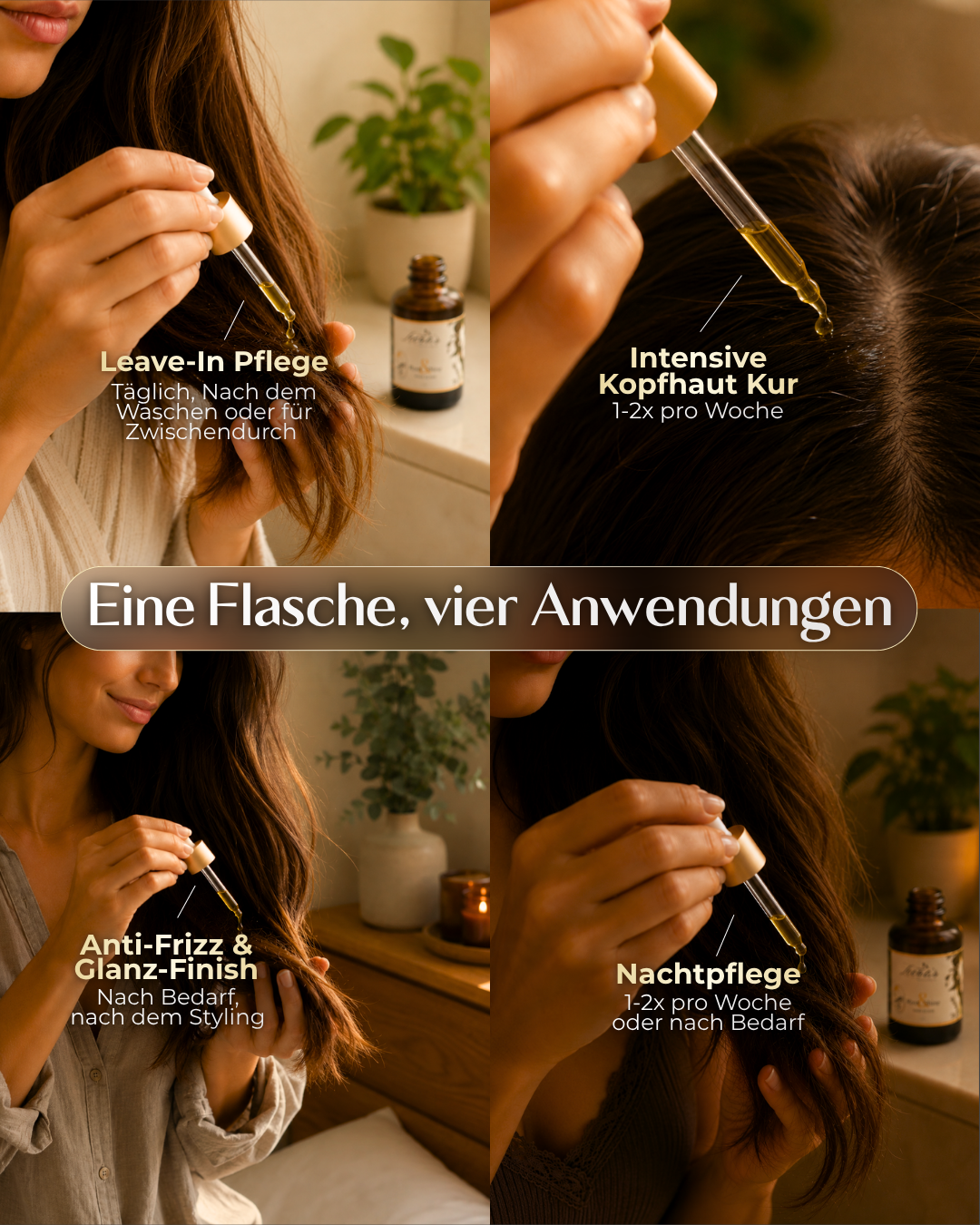 Anwendung des Root &amp; Shine Hair Elixir – wenige Tropfen Haaröl in den Längen und Spitzen verteilen