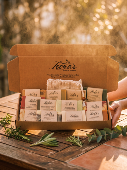 Loonas SoapSampleBox – 12 Probeseifen in Sisalsäckchen für Haar und Körper