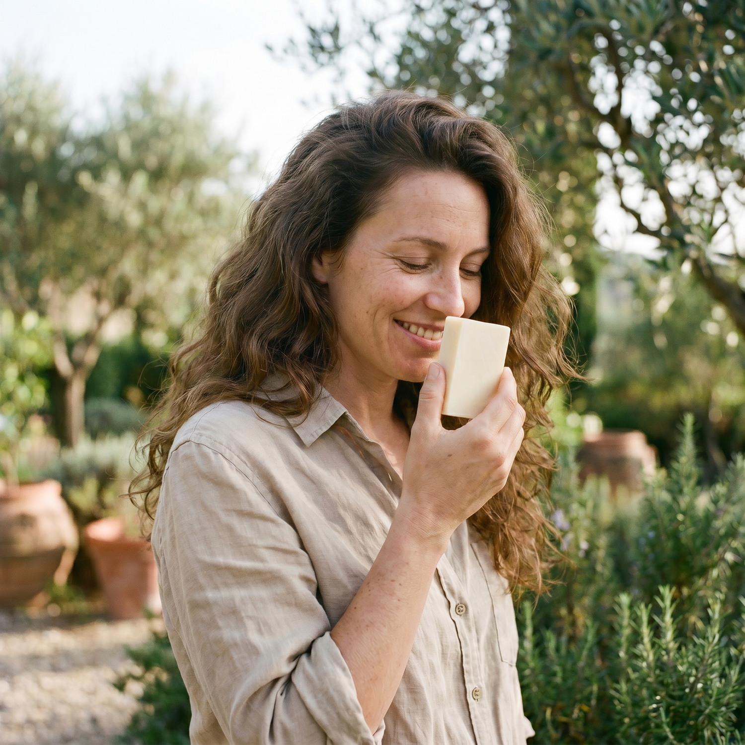 Loonas Apple-Wonder Haarseife mit Frau im mediterranen Garten — Naturseife mit Apfelduft und Glanz