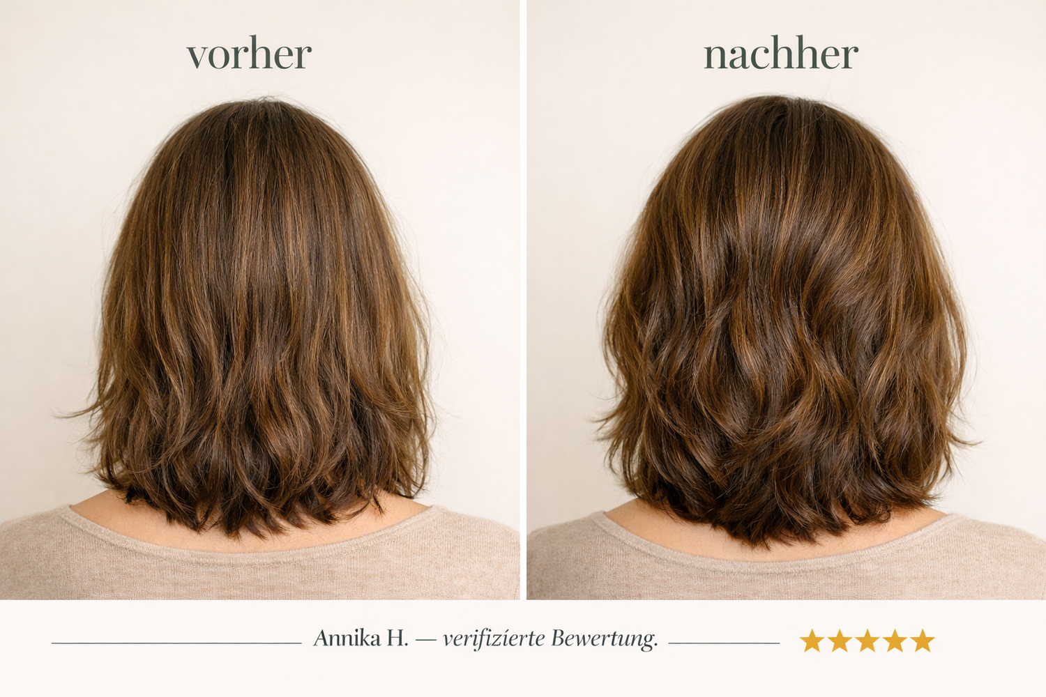 Vorher Nachher Ergebnis Annika H. — verifizierte Bewertung Loonas Haarseife mehr Volumen am Hinterkopf