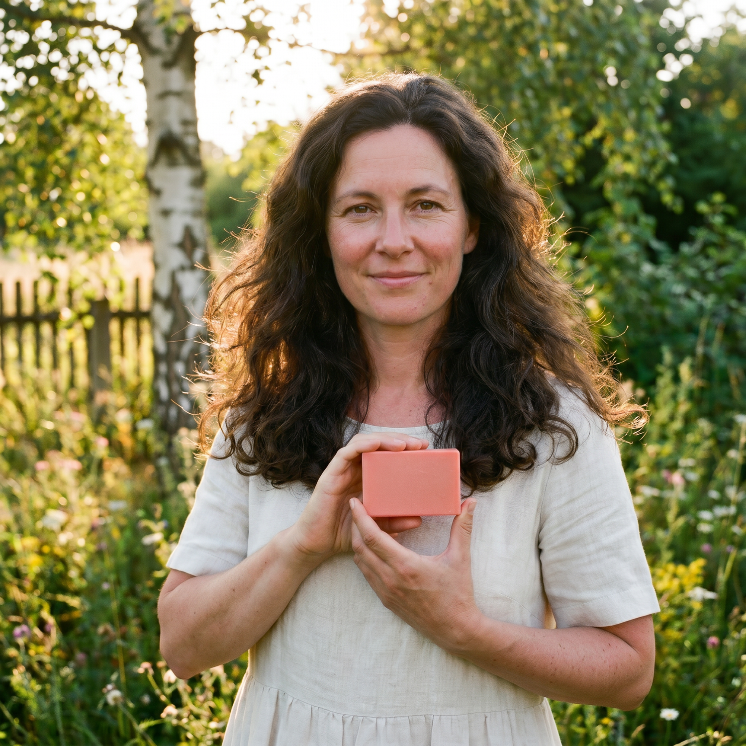 Frau mit Loonas Ylang-Ylang-Glow Haarseife im deutschen Sommergarten — Naturseife fuer seidige Laengen